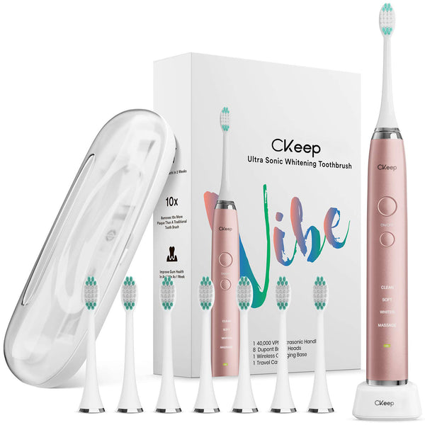 CKeep Ultra Whitening Pink Electric Toothbrush - 8 DuPont Brush Heads & Travel Case Included - Sonic 40,000 VPM Motor & Wireless Charging - 4 Modes w Smart Timer - Satin Rose Gold